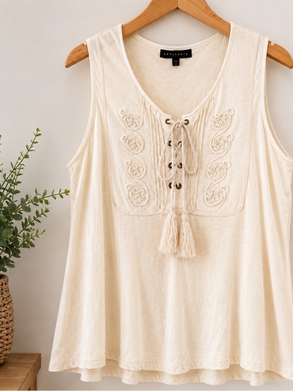Sanctuary Anthropologie Cream Lace-Up Embroidered Tank Size Large